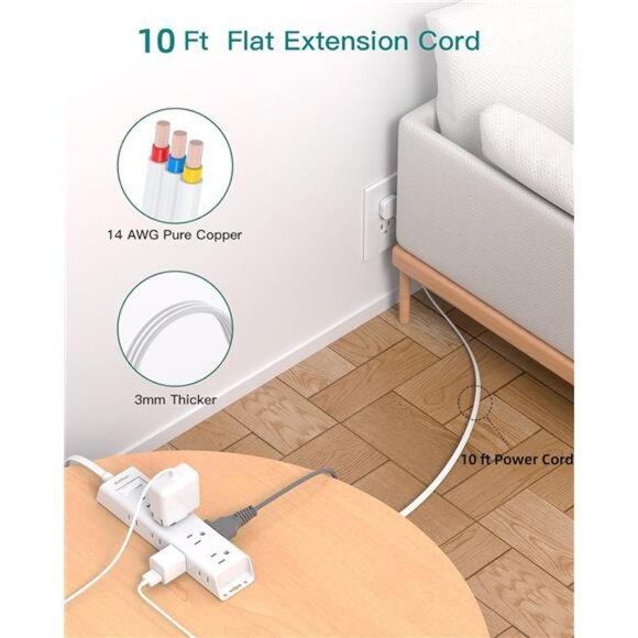 10FT Extension Cord - Power Strip Surge Protector, Flat Plug, Addtam 12 Widely - Picture 3 of 16
